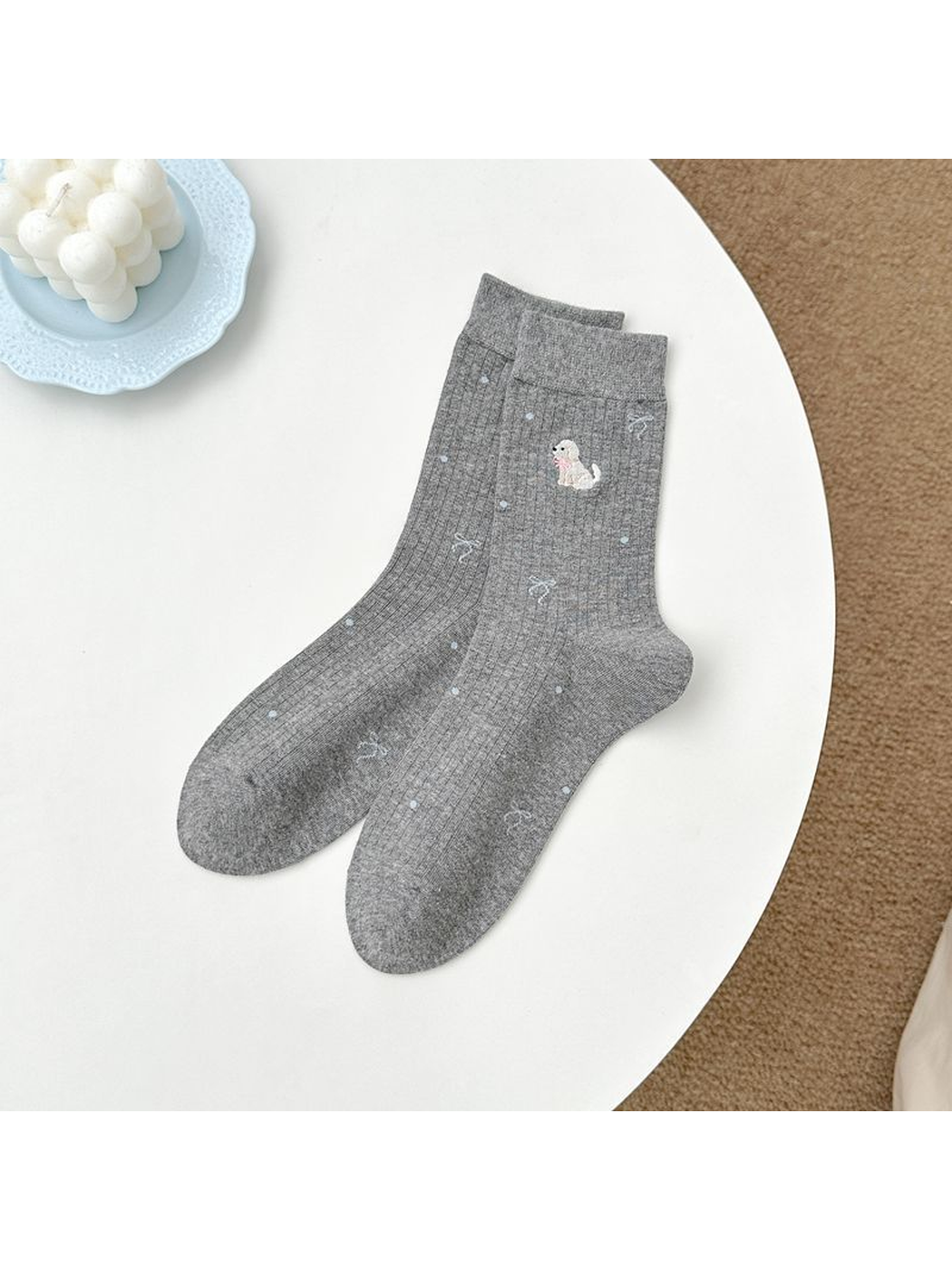 Dark gray crew socks with embroidered animal, bow and dot motifs