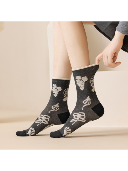 Dark gray botanical crew socks with contrast toe and heel