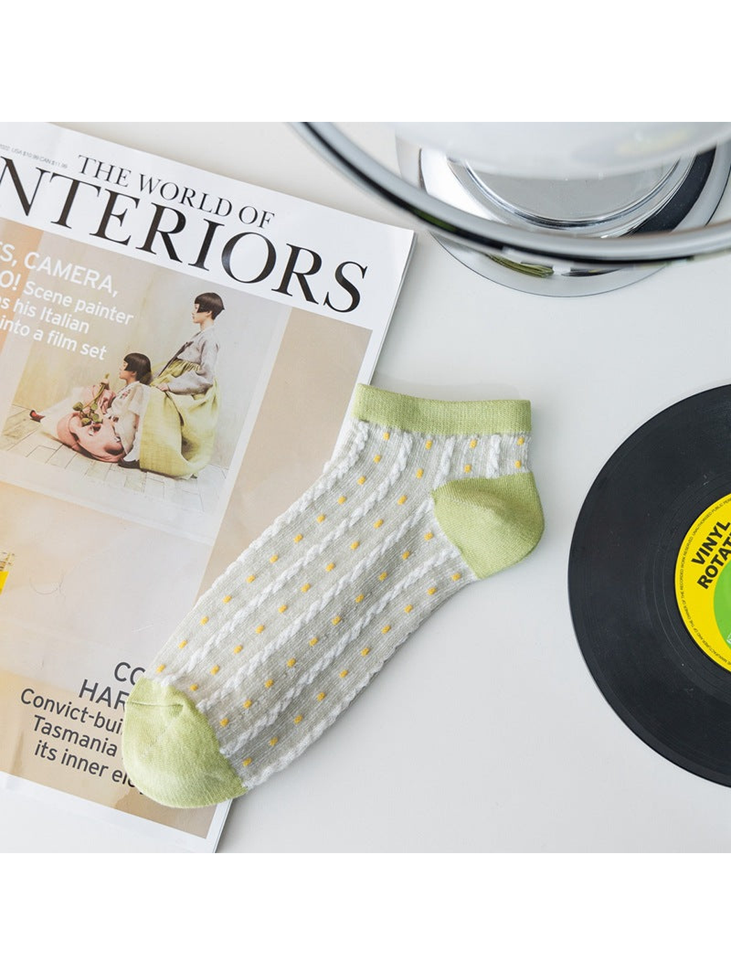 Green and white sheer ankle sock with yellow dotted stripes