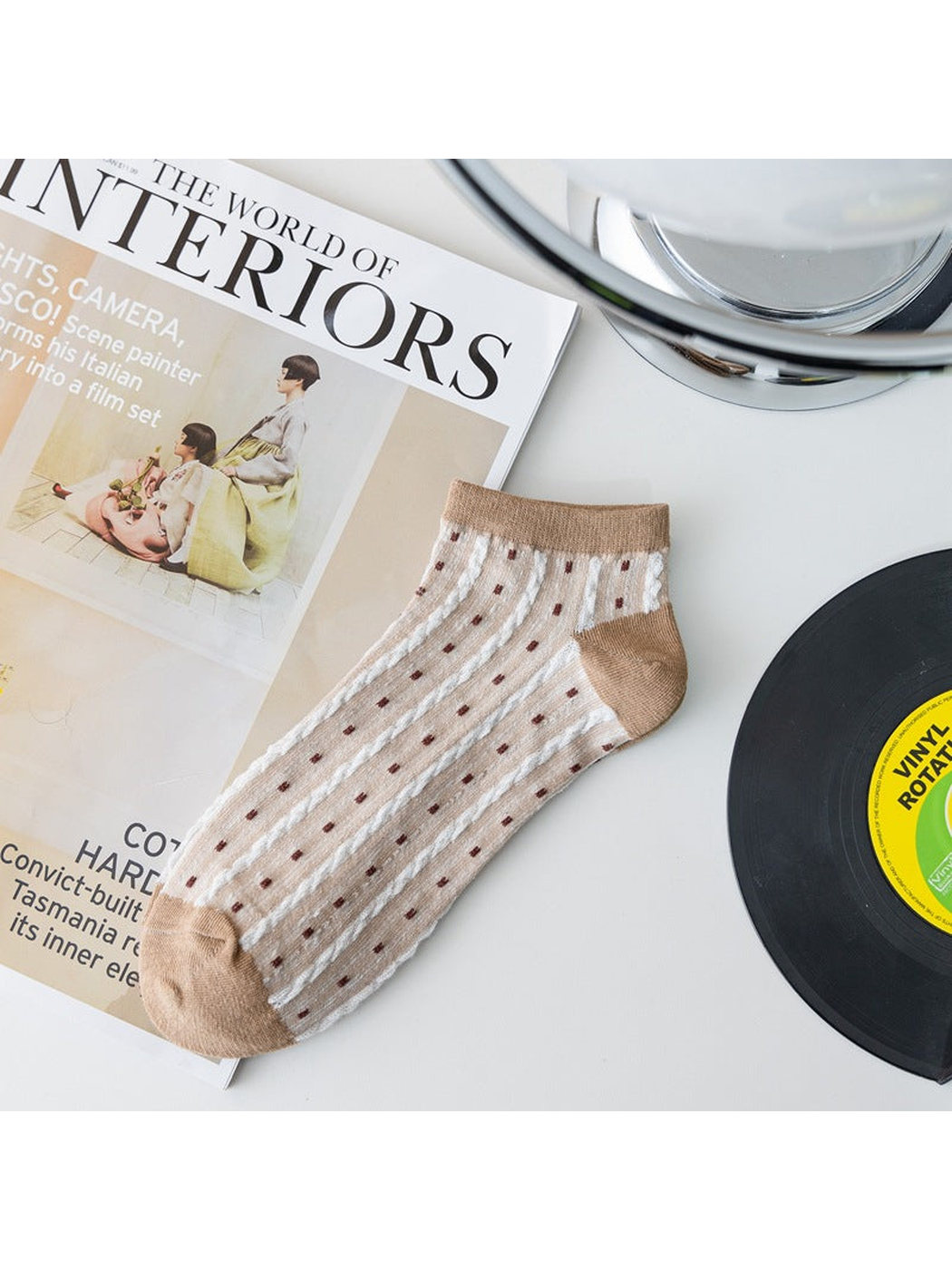 Khaki and white sheer ankle sock with dotted vertical stripes