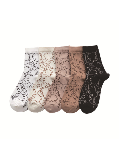 Five colors of crew socks with an allover cat outline pattern