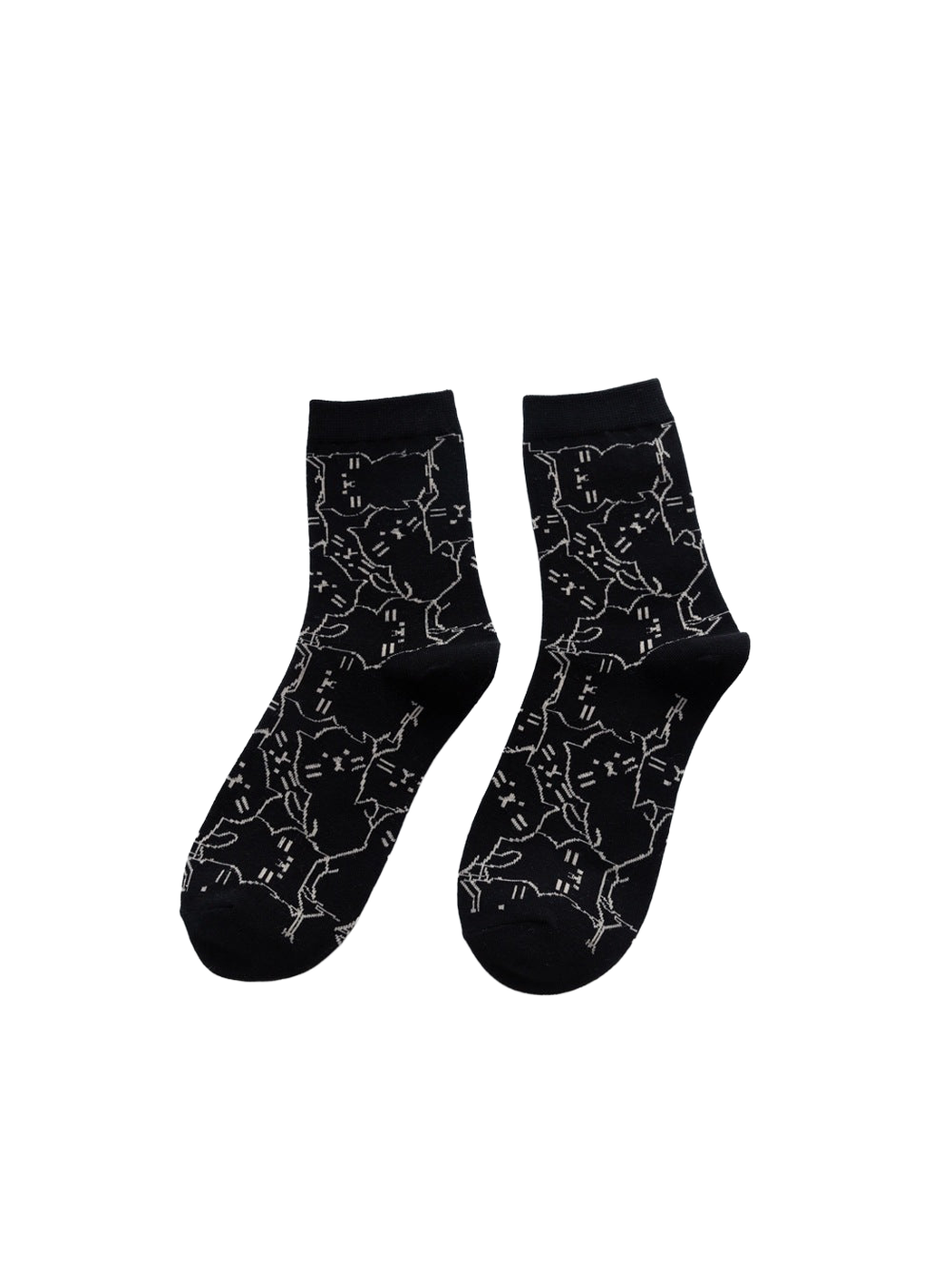 Black crew socks with an allover cat outline pattern