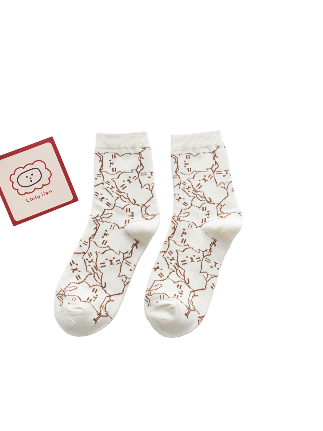 Ivory crew socks with a brown cat outline pattern