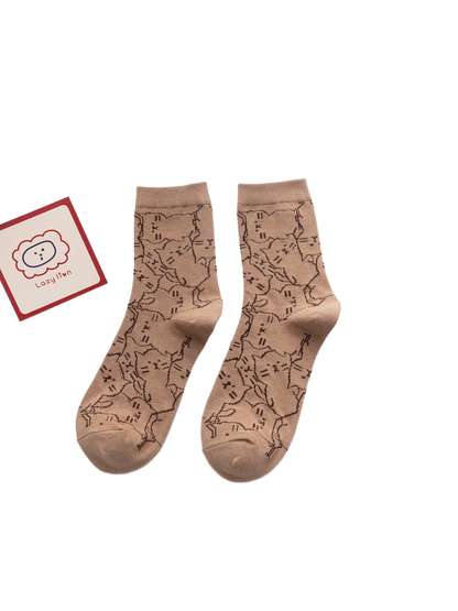 Dark khaki crew socks with a dark cat outline pattern