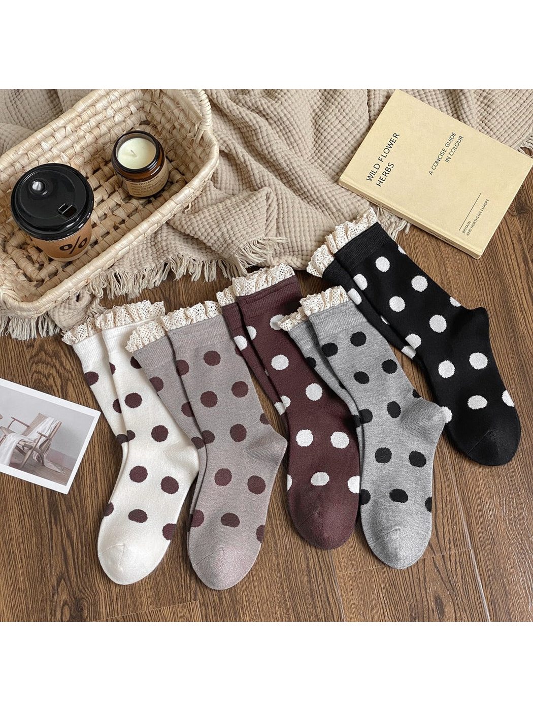 Five colors of lace-trimmed polka dot crew socks displayed together