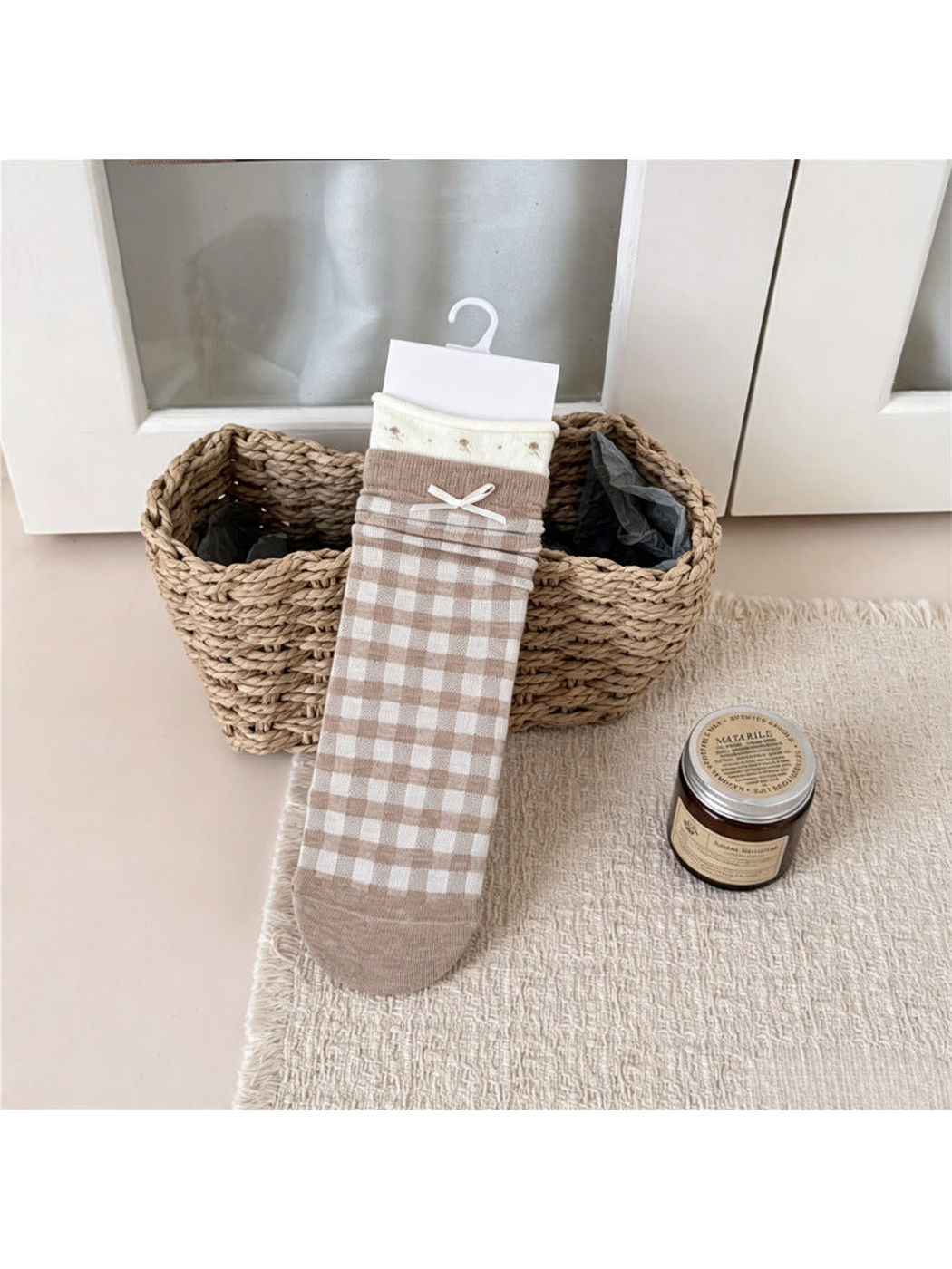 Beige gingham crew sock with a small bow and floral-trim cuff