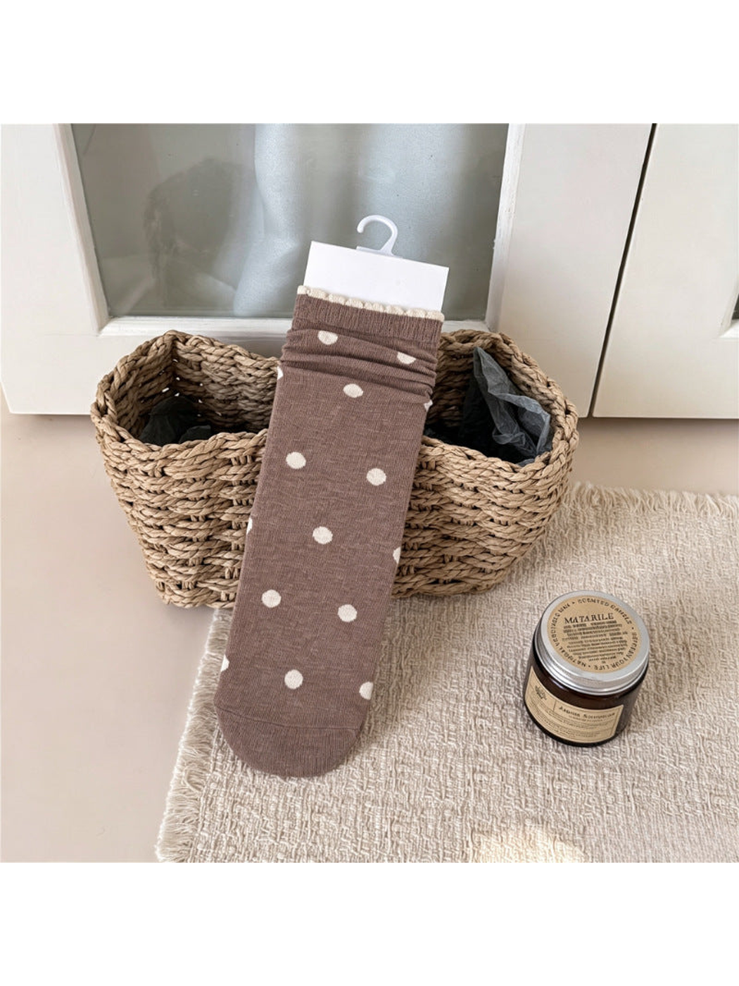 Light coffee crew sock with large ivory polka dots and a pale ruffled edge