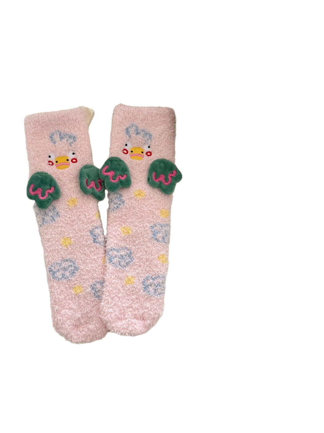 Light pink duck-motif fuzzy crew socks with raised green wing appliqués