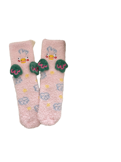 Light pink duck-motif fuzzy crew socks with raised green wing appliqués