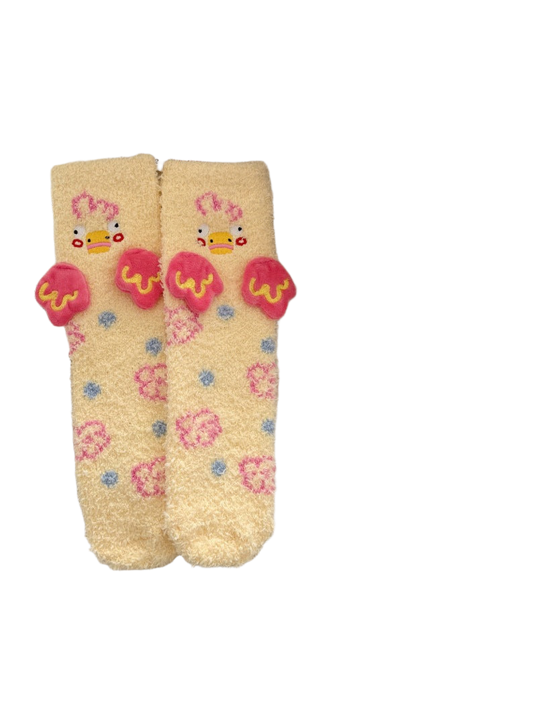 Cream duck-motif fuzzy crew socks with raised pink wing appliqués