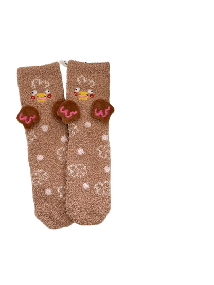 Light brown duck-motif fuzzy crew socks with raised brown wing appliqués