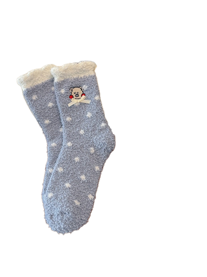 Blue-gray dotted crew socks with white cuff, bear embroidery and ribbon bow