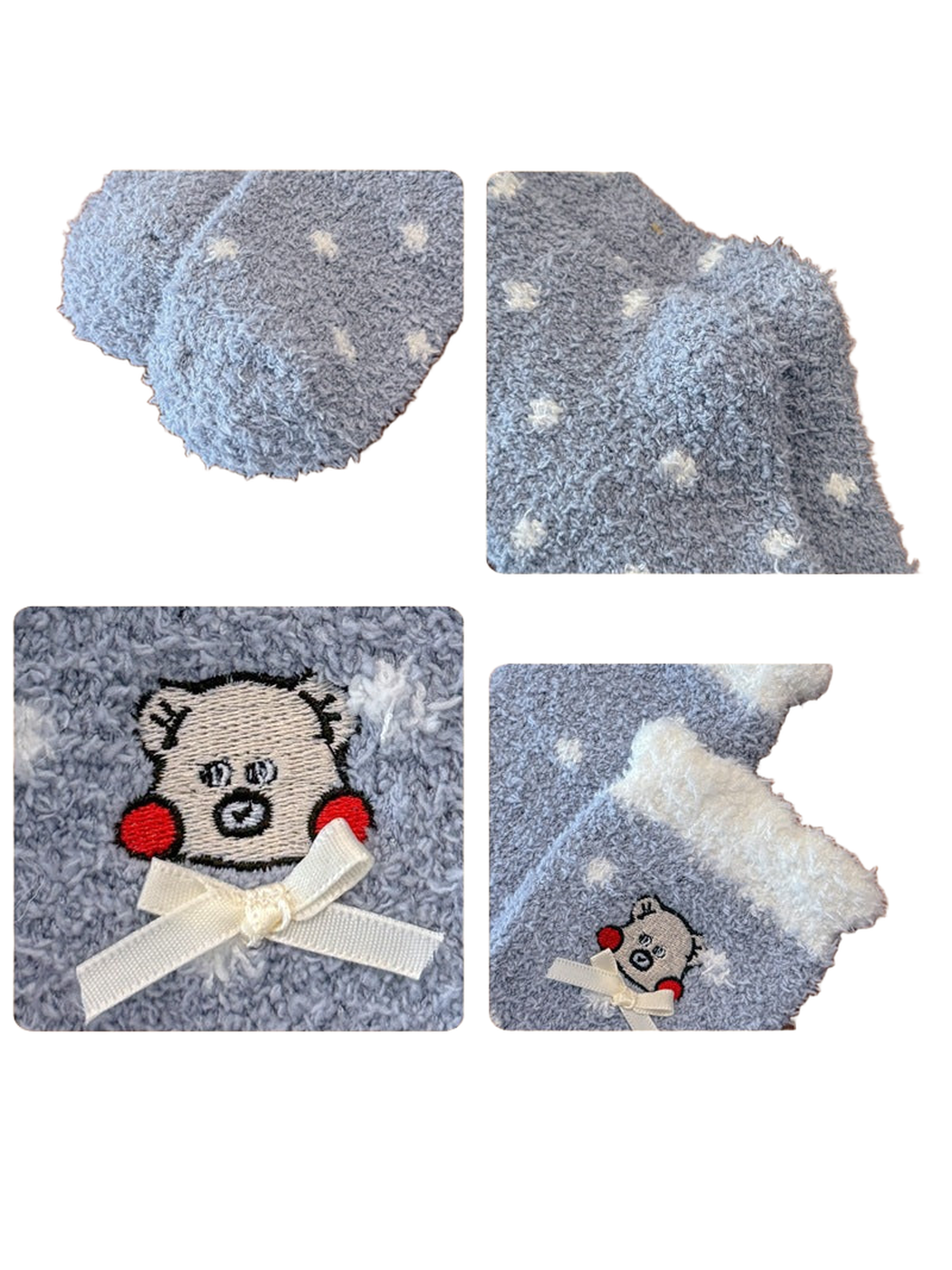 Close-up panels showing the rounded toe, shaped heel, bear embroidery and contrasting cuff