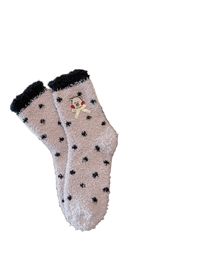 Greige dotted crew socks with black cuff, bear embroidery and ribbon bow