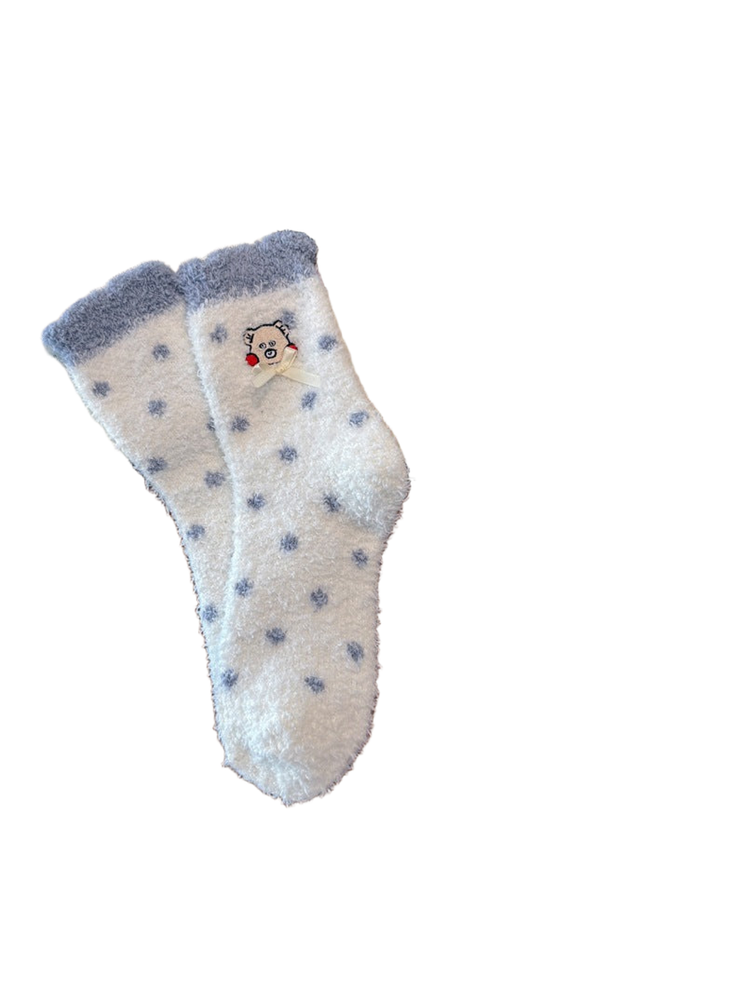 White dotted crew socks with blue-gray cuff, bear embroidery and ribbon bow