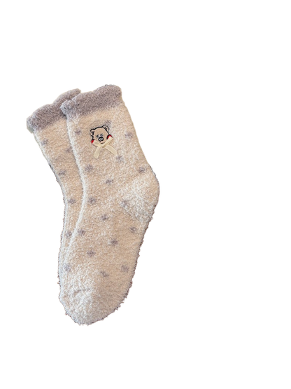 Cream dotted crew socks with taupe cuff, bear embroidery and ribbon bow