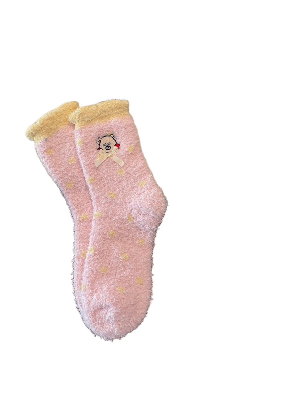Light pink dotted crew socks with yellow cuff, bear embroidery and ribbon bow