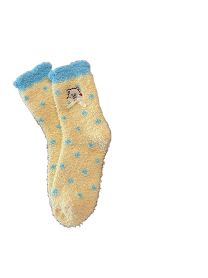 Yellow dotted crew socks with blue cuff, bear embroidery and ribbon bow