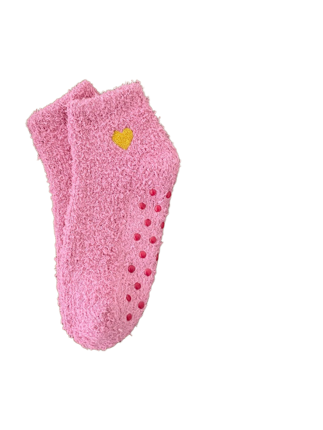 Dusty pink fuzzy ankle socks with yellow heart embroidery