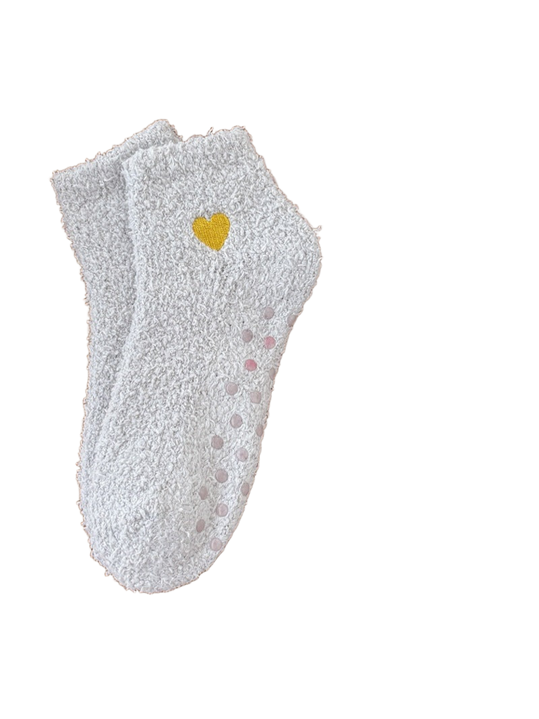 Light gray fuzzy ankle socks with yellow heart embroidery