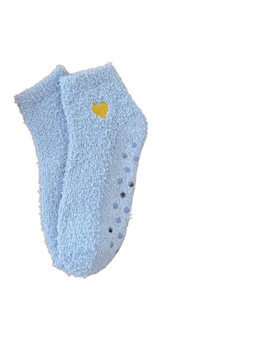 Light blue fuzzy ankle socks with yellow heart embroidery
