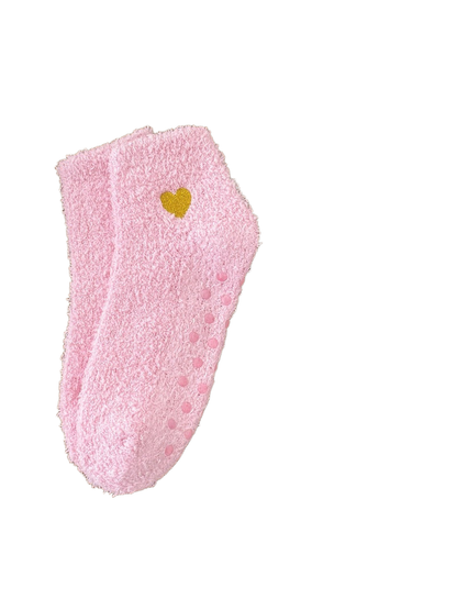 Light pink fuzzy ankle socks with yellow heart embroidery