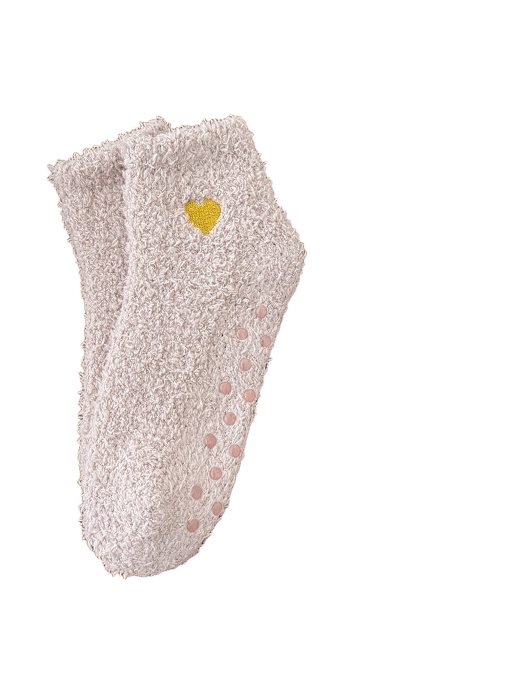 Taupe fuzzy ankle socks with yellow heart embroidery