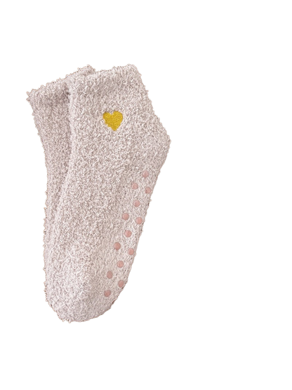 Taupe fuzzy ankle socks with yellow heart embroidery