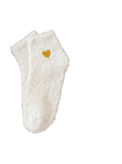 White fuzzy ankle socks with yellow heart embroidery