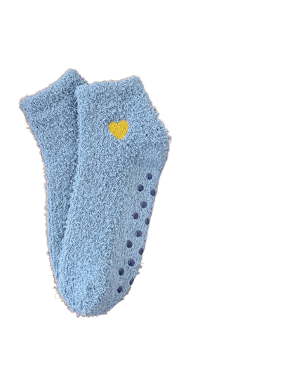 Blue fuzzy ankle socks with yellow heart embroidery
