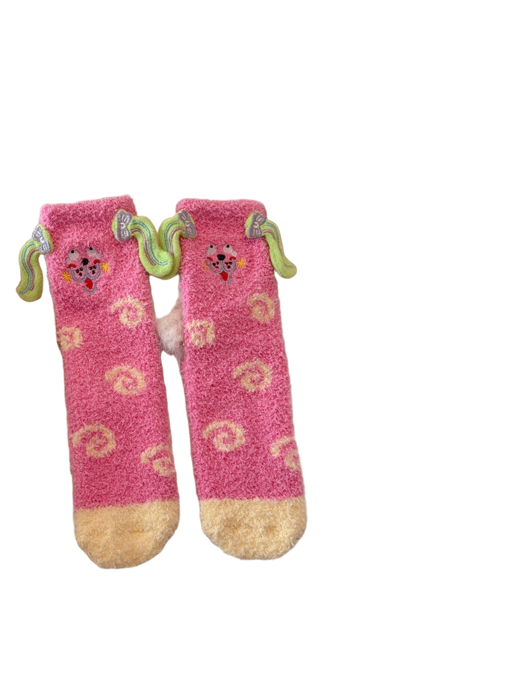 Rose pink fuzzy crew socks with pale yellow toes and green ear appliqués
