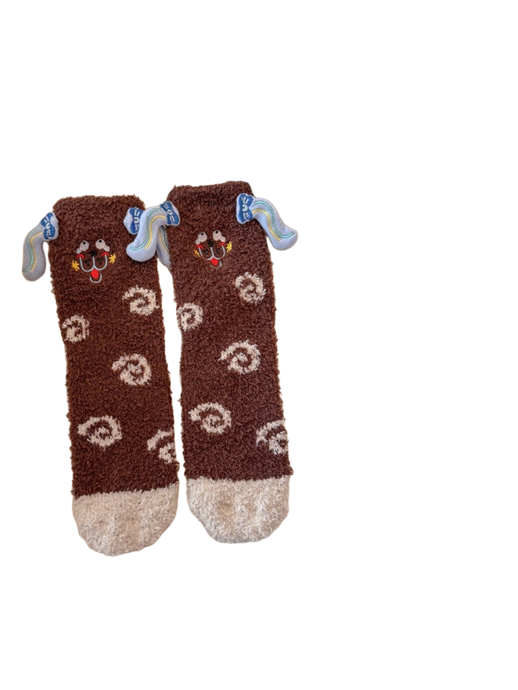 Dark brown fuzzy crew socks with cream toes and pale blue ear appliqués