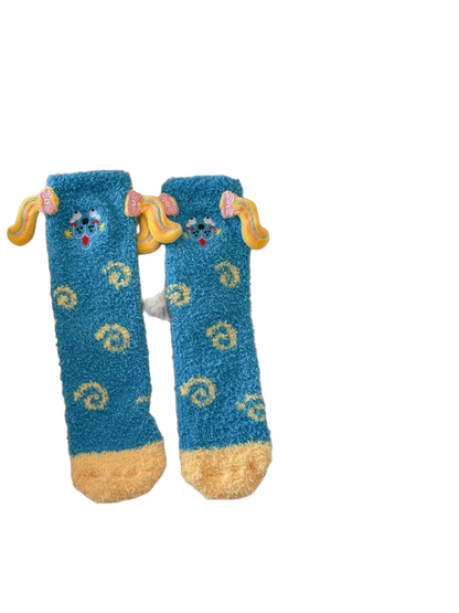 Lake blue fuzzy crew socks with yellow toes and yellow ear appliqués