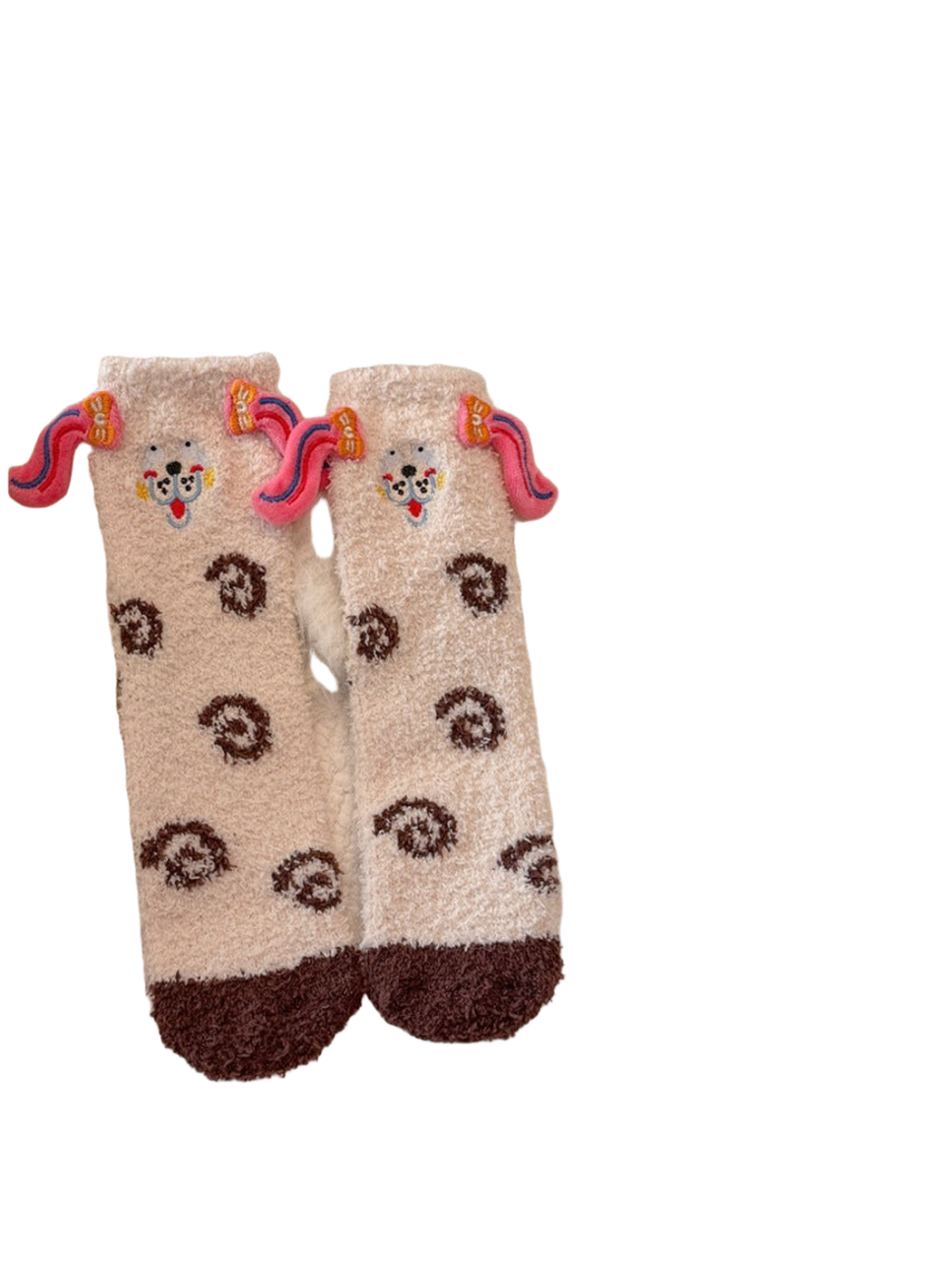 Beige fuzzy crew socks with brown toes and pink ear appliqués