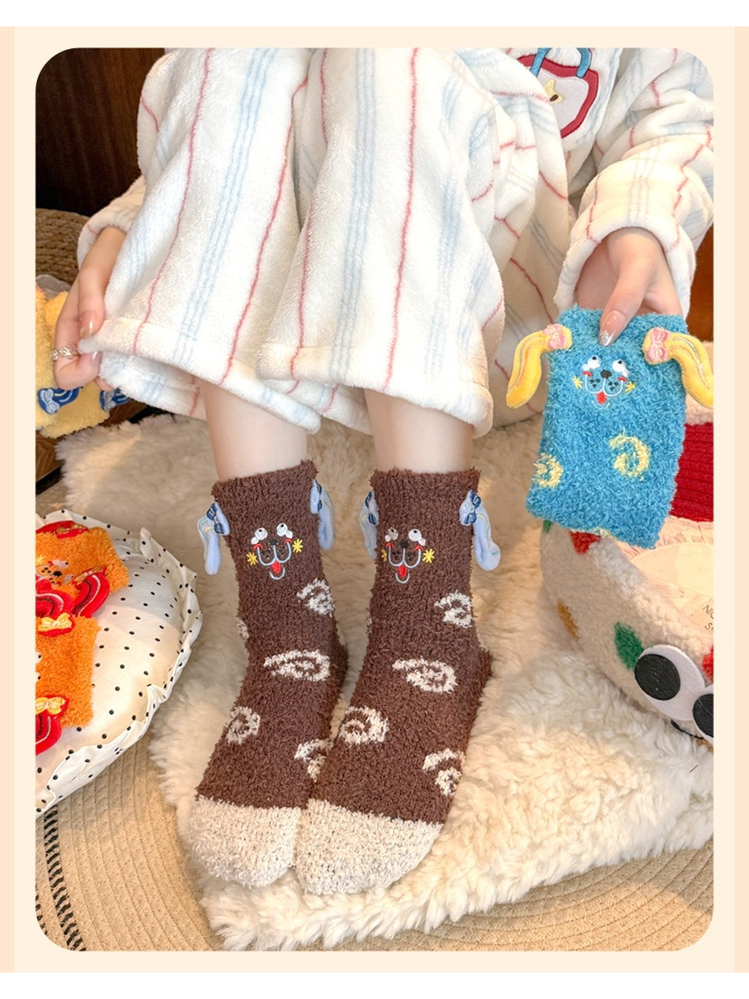 Dark brown fuzzy crew socks worn with a lake blue style held nearby