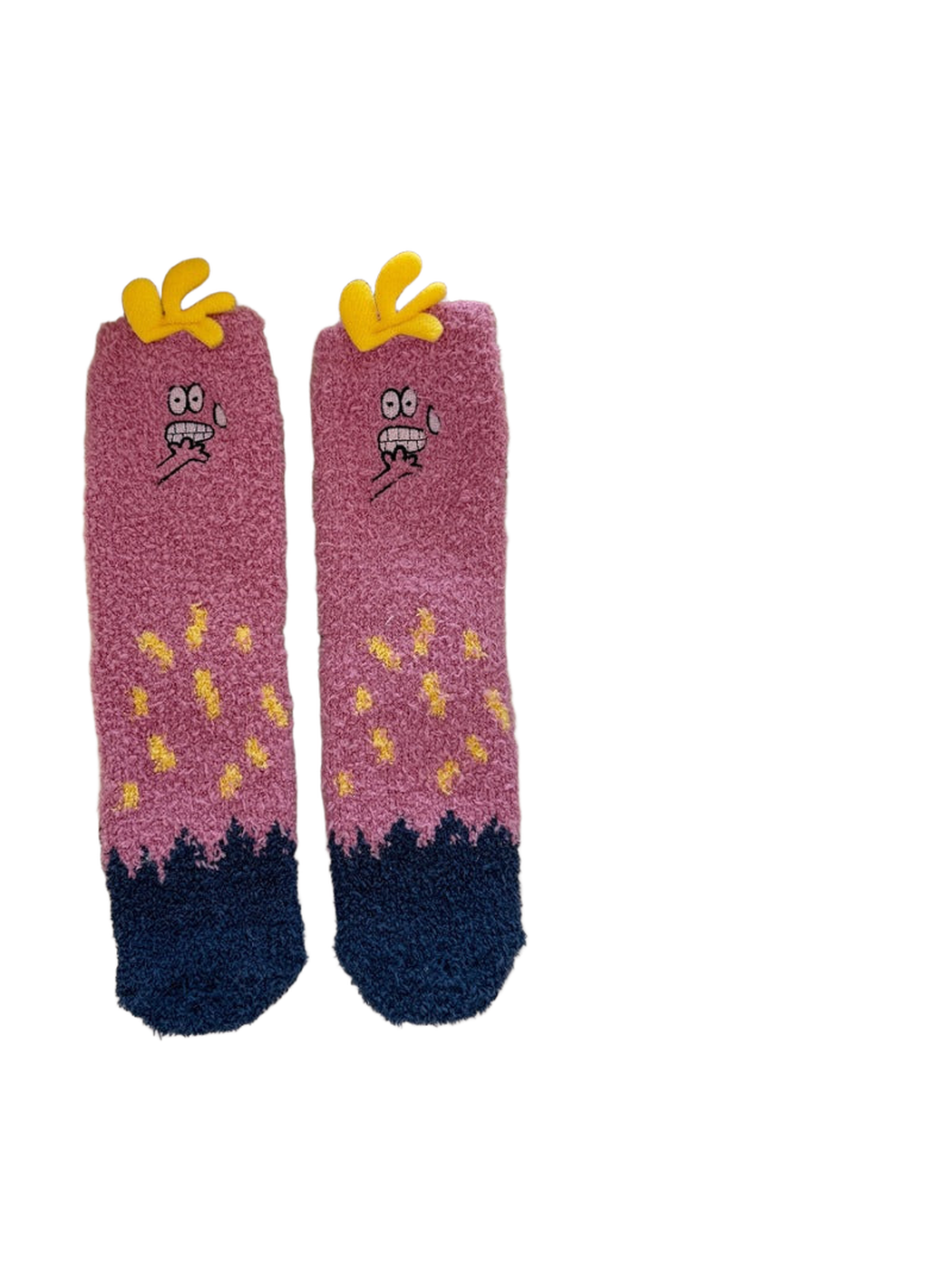 Rose pink fuzzy crew socks with yellow appliqués and navy toes