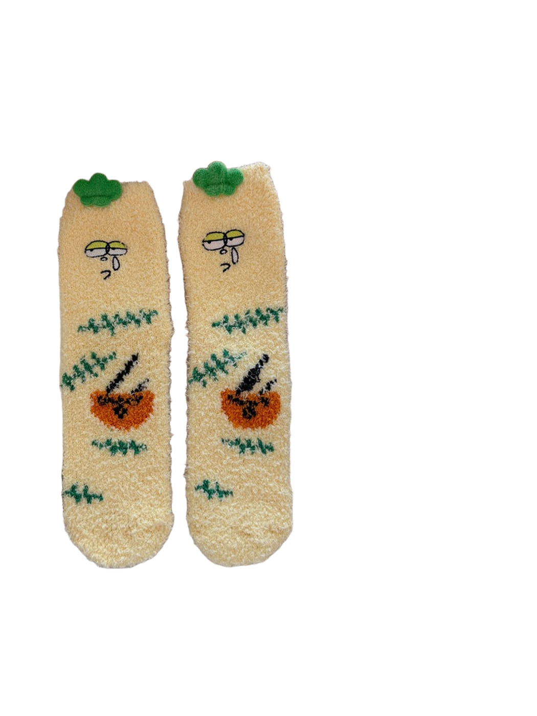 Yellow fuzzy crew socks with green appliqués and orange motifs