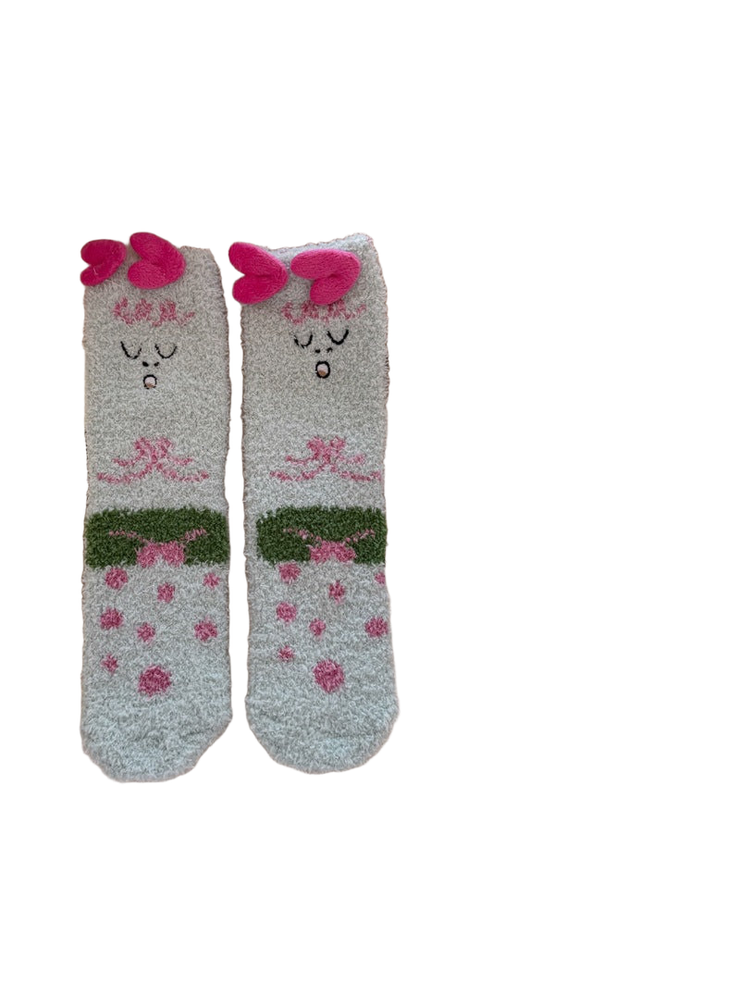 Mint fuzzy crew socks with pink heart appliqués and sleeping faces