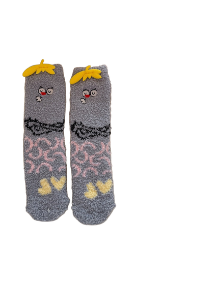 Gray fuzzy crew socks with yellow appliqués and cartoon faces