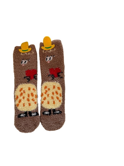 Brown fuzzy crew socks with hat appliqués and character motifs