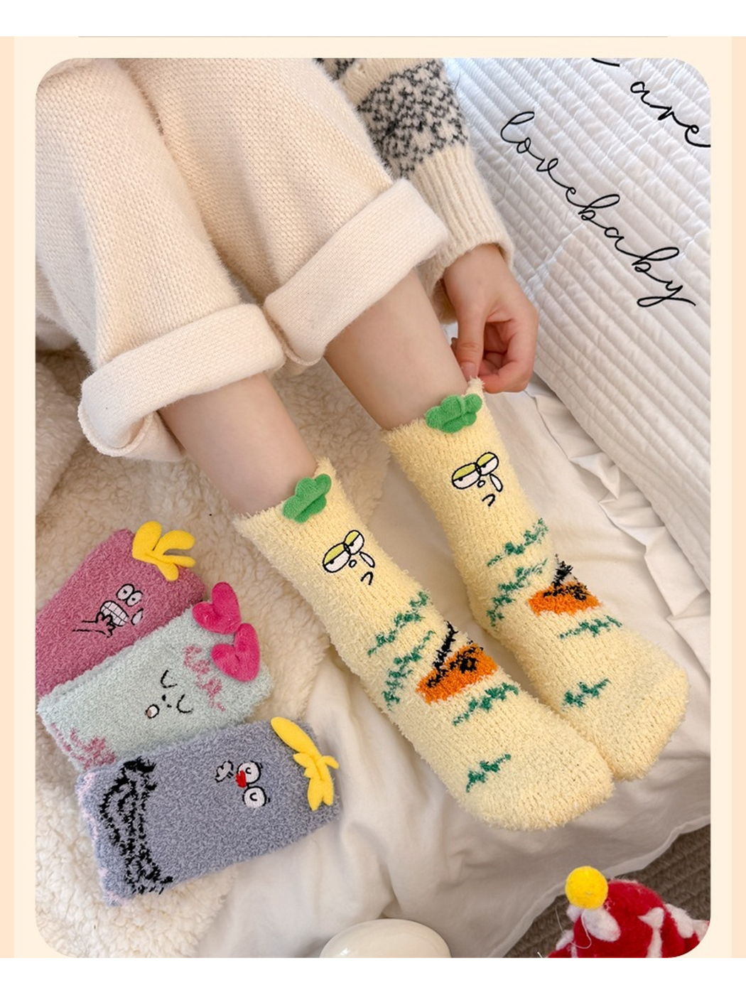 Yellow character crew socks worn in a cozy indoor setting
