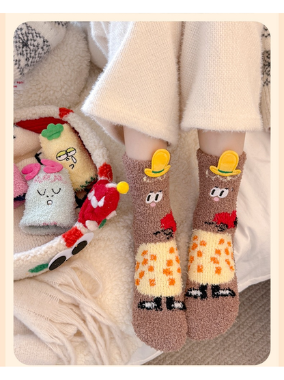 Brown character crew socks with yellow hat appliqués worn indoors