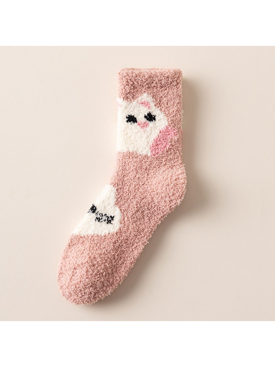 Dusty pink fuzzy crew sock with cat motifs