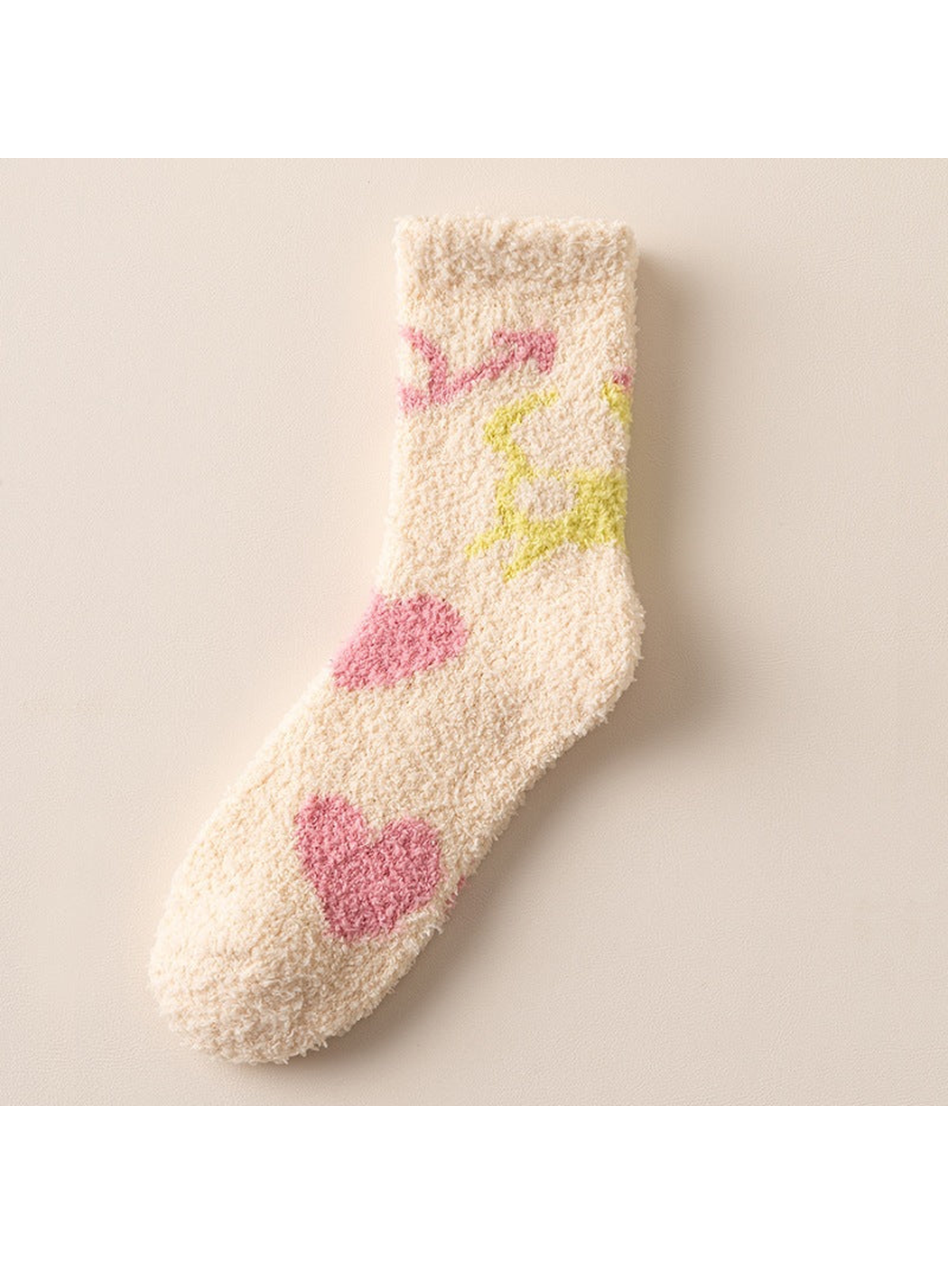 Cream fuzzy crew sock with pink heart motifs