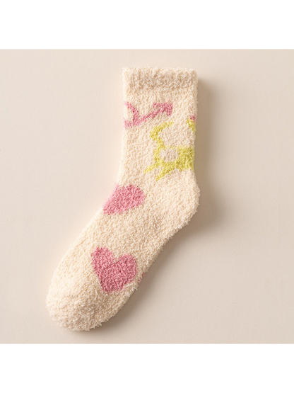 Cream fuzzy crew sock with pink heart motifs