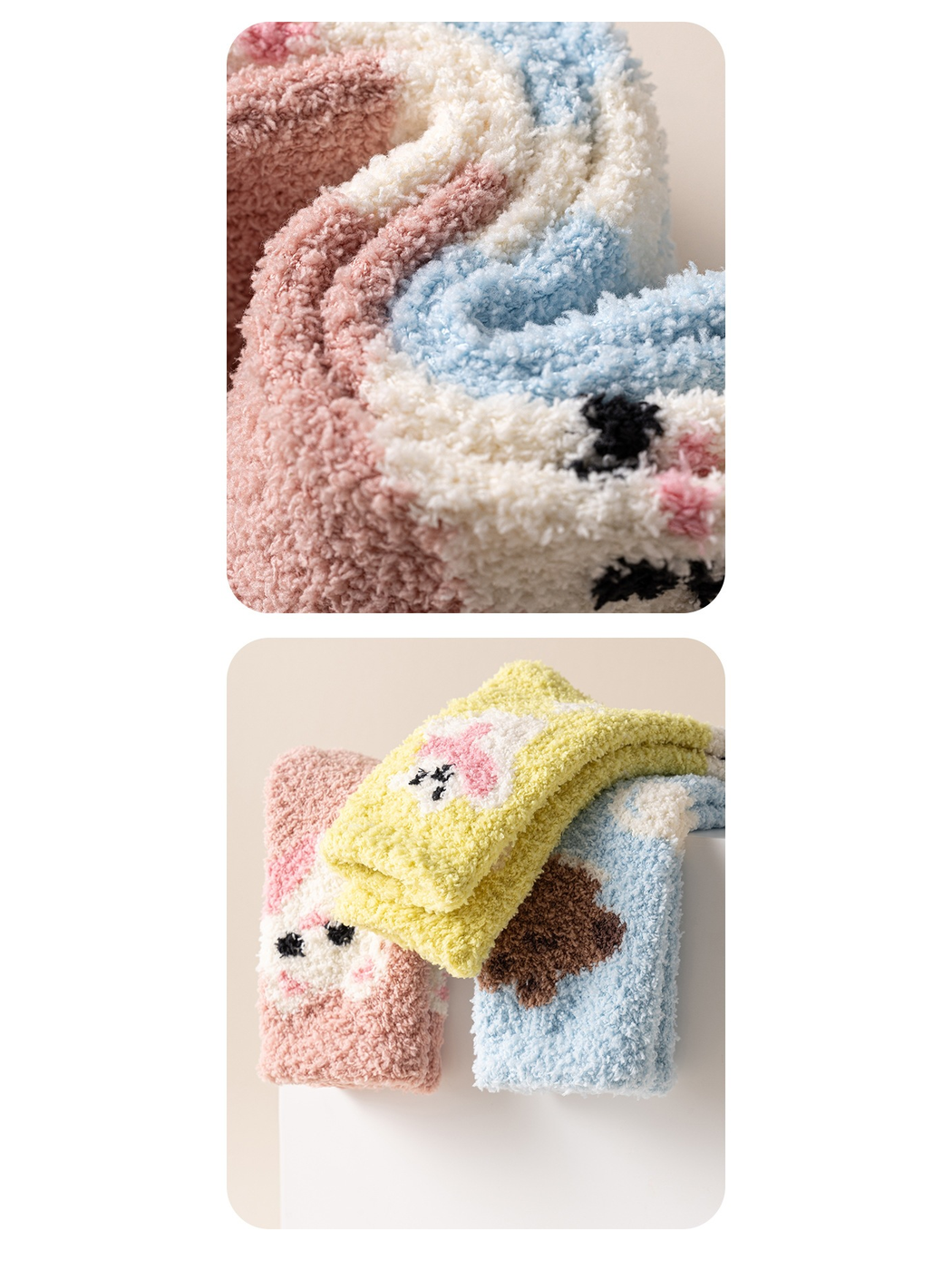 Close-up of the fuzzy texture and folded cuffs in pink, cream, blue and yellow styles