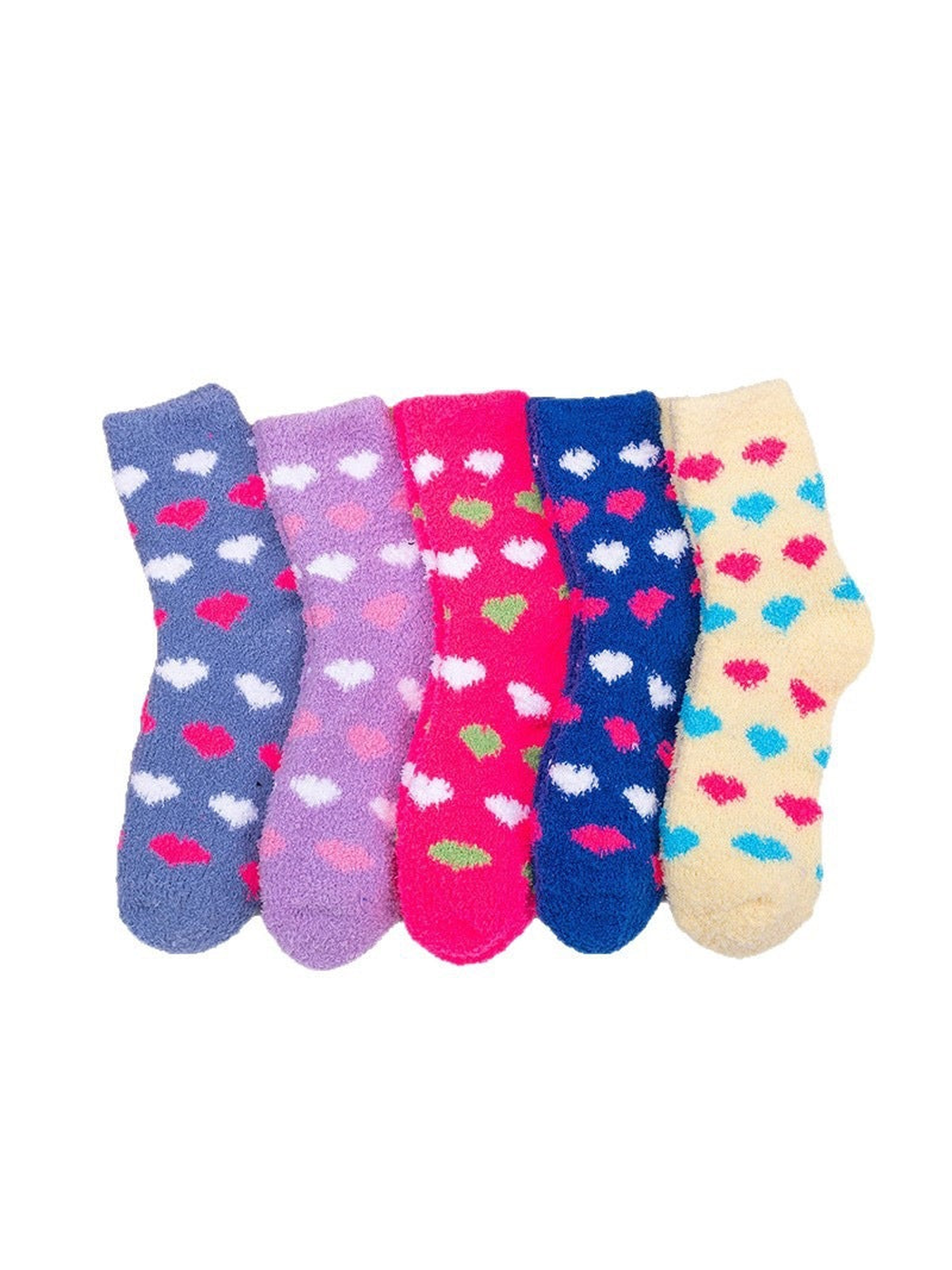 Five colors of fuzzy crew socks with repeating heart motifs