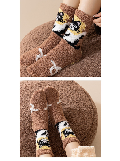 Brown animal-pattern crew socks worn while seated