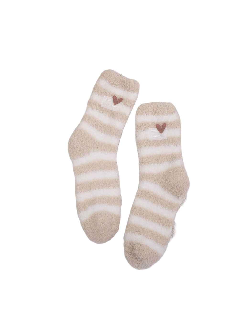 Beige and white striped fuzzy crew socks displayed as a pair