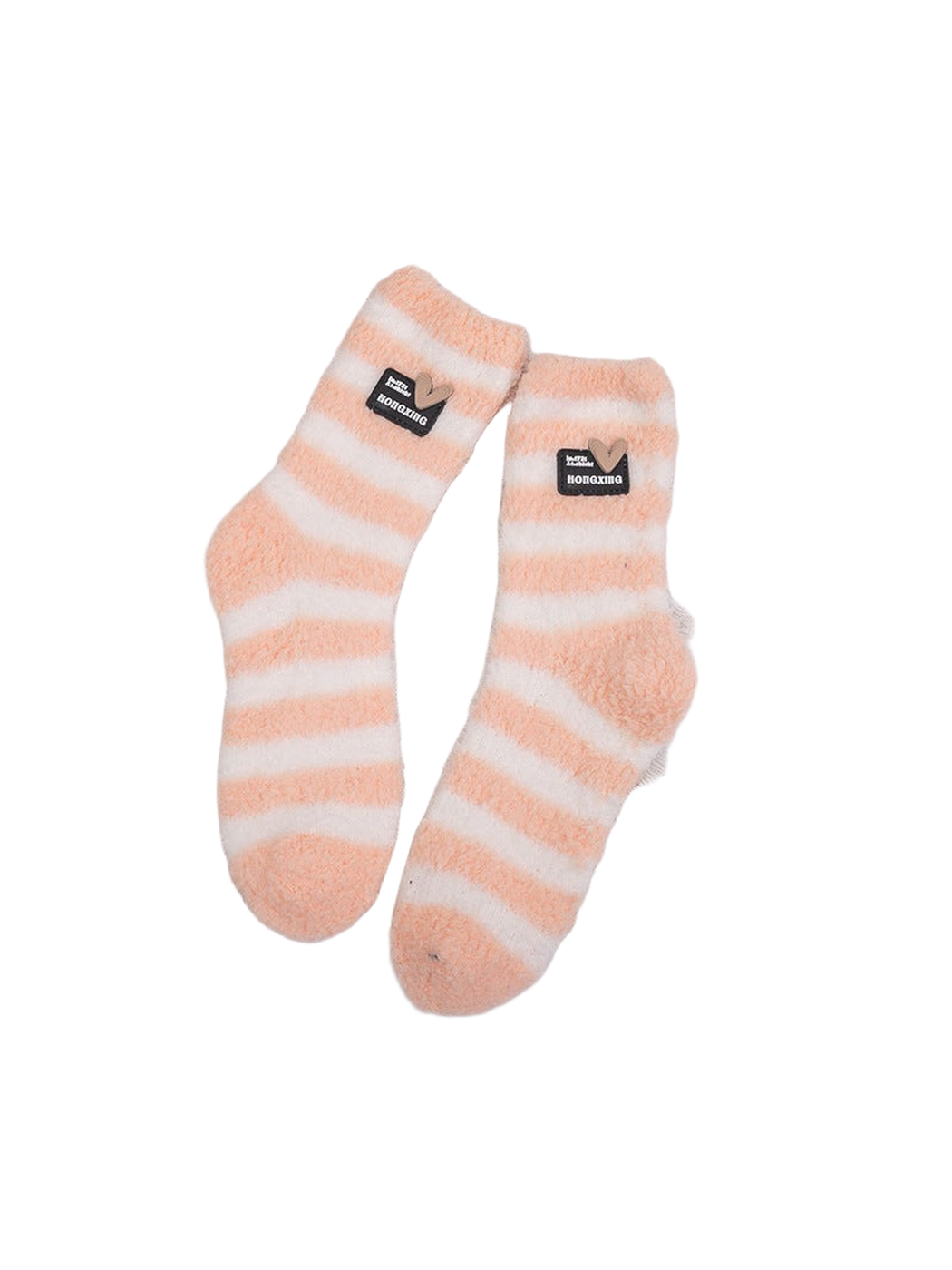 Orange and white striped fuzzy crew socks displayed as a pair